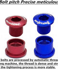 Red and blue anodized chainring bolts from the 7075-T651 Aircraft Grade Chainring Bolts Kit With 4.9mm And 6.4mm Bolts For Road And MTB.