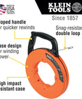 Klein Tools 1/8 Inch 120 Foot Steel Electrical Fish Tape with Double Loop Tip, heavy-duty wire puller with sloped handle and case