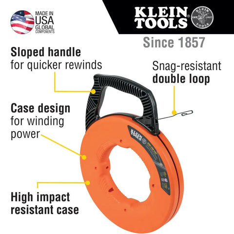 Klein Tools 1/8 Inch 120 Foot Steel Electrical Fish Tape with Double Loop Tip, heavy-duty wire puller with sloped handle and case