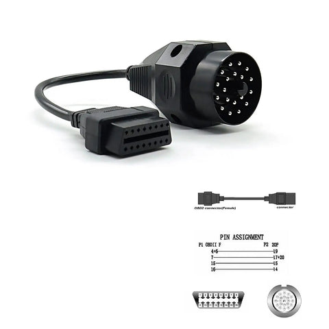 20 Pin To 16 Pin OBD2 Adapter For BMW Diagnostic Tools showing both connectors and pin configuration diagram