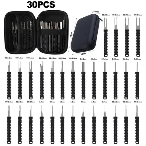 30 Piece Terminal Removal Tool Kit With Stainless Steel Extractors For Electrical Connectors And Harness Maintenance Pro Grade Set in open case displaying all 30 pieces.