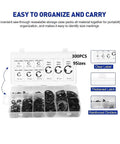Premium 300 Pcs 65Mn Steel High Elastic Retaining Rings Set Black Oxide in clear storage case with size labels.