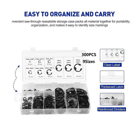 Premium 300 Pcs 65Mn Steel High Elastic Retaining Rings Set Black Oxide in clear storage case with size labels.
