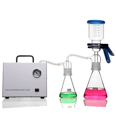 Lab Vacuum Filtration Device With Sand Core Funnel Filtering Kit, Oil Free Diaphragm Vacuum Pump And Safety Buffer Bottle, visible setup