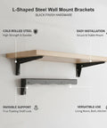 Hidden L Shaped Steel Floating Shelf Bracket In Black Wall Mount for versatile home storage, supports wood shelf invisibly.
