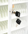Heavy Duty 72 Slot Cell Phone Locker With Slick Rolling Casters For Classroom And Office Organization Featuring Boss Level Security Racks close-up of keyed lock with keys.