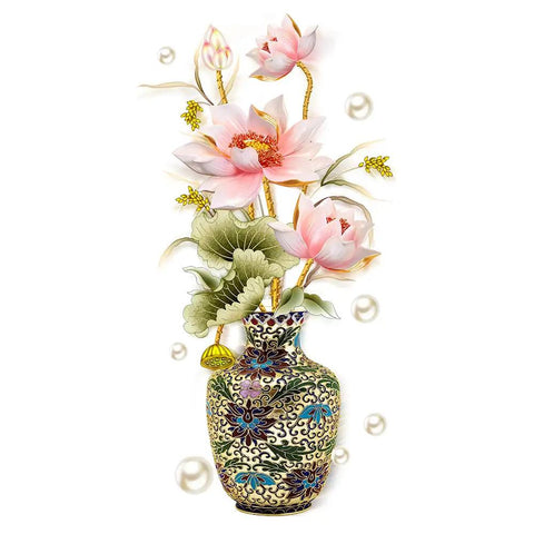 Chinese Style Lotus Flower Vase Wall Sticker With Pearl Accents Peel And Stick Decor For Living Room And Entryway Two Sheets Per Roll Finish Size About 32.2 Inches By 50 Inches Elegant Backdrop Art For Home