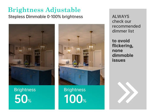 Comparison of kitchen lighting at 50% and 100% using E12 Candelabra LED Bulb 2700K Frosted 40W Equivalent Dimmable
