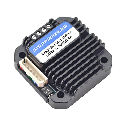 StepperOnline integrated stepper motor driver, front view, blue label, ISD04 12-38VDC 4A for NEMA 17/23/24