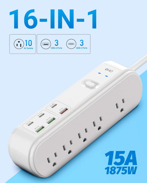 All In One Power Strip Surge Protector With USB C PD, 10 Wide Spacing Outlets, 3 USB And 3 USB C Ports, Flat Plug, 6Ft Heavy Duty Cord