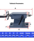 Built Like A Tank CNC Indexing Head Assembly With Vertical And Horizontal Plates And 6 Inch 3 Jaw Chuck And Adjustable Tailstock For Tight Tolerance Milling Workshop tailstock parameters with dimensions visible.