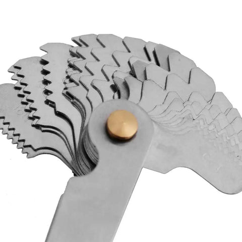 Close-up of 52 Leaf Thread Pitch Gauge Set With 60 Degree And 55 Degree Center Gauges, stainless steel precision tool leaves