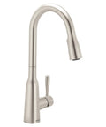 Top Shelf Stainless Steel Pull Down Kitchen Faucet Featuring One Handle High Arc Design With Fast Wash Power Boost And Smudge Resistant Matte Finish For Quick Cleanup And No Hassle Setup Plus Smooth Retractable Spray Hose Operation from side angle.