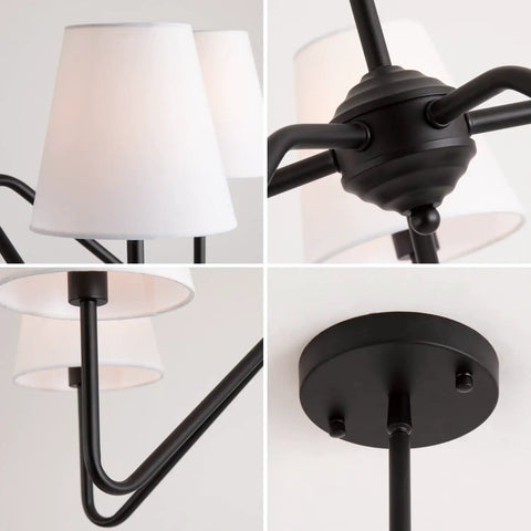 Close-up of details on the Awesome 39 Inch Matte Black Six Light Kitchen Island Chandelier With Fabric Shade and E12 LED bulbs