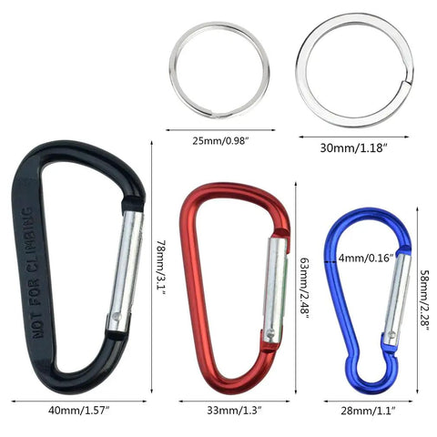 20 Pack Carabiner Clips With Keychains And D Ring Hooks Multi Size Set For Backpacks Water Bottles Keys Home RV Outdoor Includes 3 Styles And Assorted Colors shown with measurements