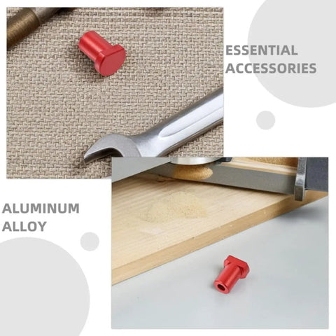 Red Six Piece Aluminum Workbench Dog Clamp on fabric next to a wrench, highlighting easy install and scratch protection