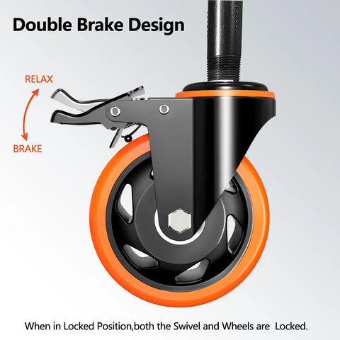 Heavy Duty 5 Inch Swivel Caster Wheels With Secure Locking Brake 3/8-16X1 Threaded Stem Set Of 4 showing double brake design.