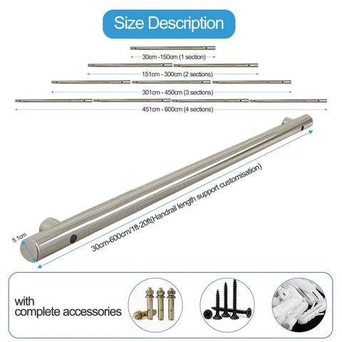 Rock Solid Wall Mounted Stair Railing In Rust Proof Stainless Steel For Indoor And Outdoor Safety Handrail size options with accessories.