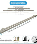 Rock Solid Wall Mounted Stainless Steel Stair Railing Featuring Secure Grip For Indoor Outdoor Steps No Sweat Installation Heavy Duty Silver Round Safety Handrail with size description and accessories.