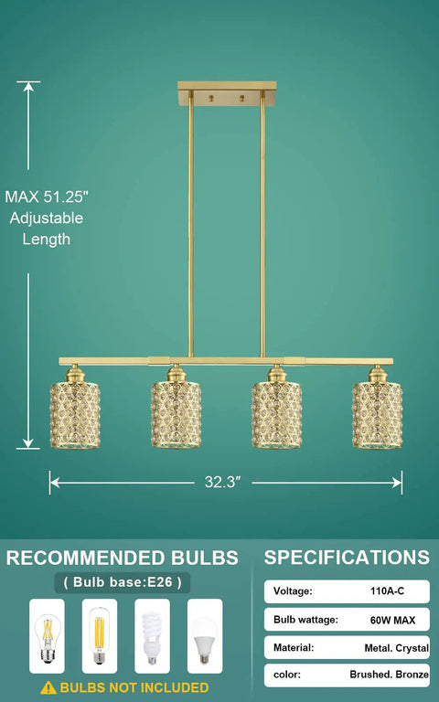 4 Light Crystal Kitchen Island Pendant Light, 4.7 Inch Gold Finish With Brushed Bronze Accent, specifications diagram