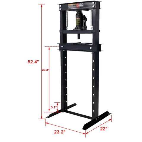 12 Ton Hydraulic Shop Press With Floor Mount Adjustable Working Table Height Includes Press Plates H Frame Garage Floor Press For Auto Body Metal Fabrication DIY Projects High Pressure Bottle Jack and Durable Black Finish