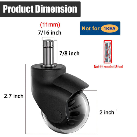 Level Up Your Desk With These Heavy Duty 2 Inch Rubber Ball Chair Caster Wheels Universal Replacement For Office Gaming And Desk Chairs Rolls Smooth As Silk And Built Different For The Daily Grind product dimensions displaying 11mm pin and 2 inch wheel size.