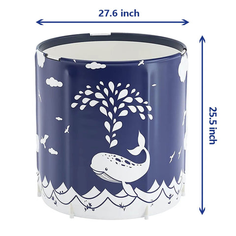 Blue portable adult bathtub for ice baths and warm spas, folding Japanese soaking tub with whale design, 27.6 inch