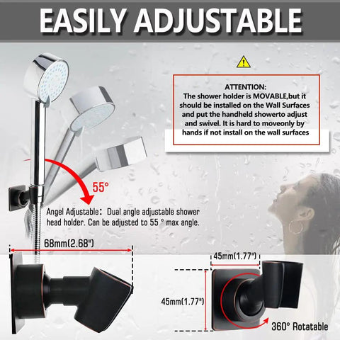 Diagram of Heavy Duty Brass Shower Head Holder Wall Mount Bracket with 360 Degree Adjustable Rotating Mount, Oil Rubbed Bronze Finish.