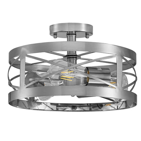 Sleek Modern 3 Light Semi Flush Mount Ceiling Light Brushed Nickel 13 Inch Round Drum Shade Fixture with openwork metal design