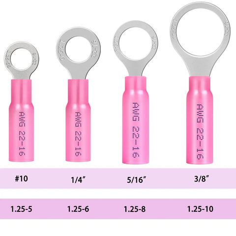 Four pink ring terminals from 550 Piece Waterproof Heat Shrink Wire Connectors Kit for Automotive Electrical Projects, AWG 22-16.