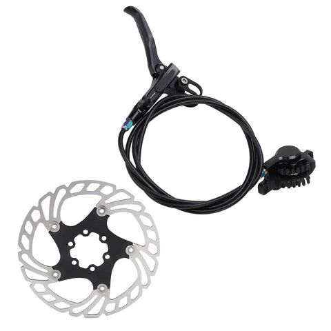 Front And Rear Disc Brake Kit For Road And Mountain Bikes Featuring Rapid Cooling Rotors And Dependable Stopping Power Built To Rip Trails And Shred Daily Rides In Matte Black with lever and rotor.