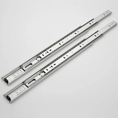 Two 20 Inch Full Extension Drawer Slides, 5 Pairs, Side Mount, Ball Bearing, 100 Lb Capacity, Heavy Duty, on grey background