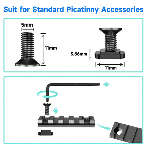 24 Piece M-LOK Screws And Nuts Replacement Kit With Allen Wrench For Rails And Mounts, high-strength steel with measurements