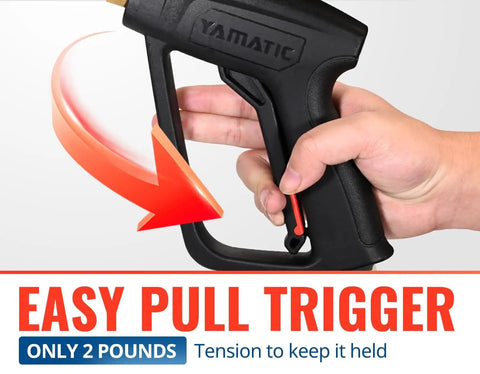 Close-up of pressure washer gun with easy pull trigger, highlighting "Easy Pull Trigger" feature for effortless use.