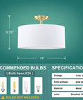 Fabric Drum Shade Semi Flush Mount Ceiling Light With PS Diffuser Off White Fabric Shade For Bar Dining Room Corridor Living Room Gold Finish 13 Inch Perfect For Modern Homes