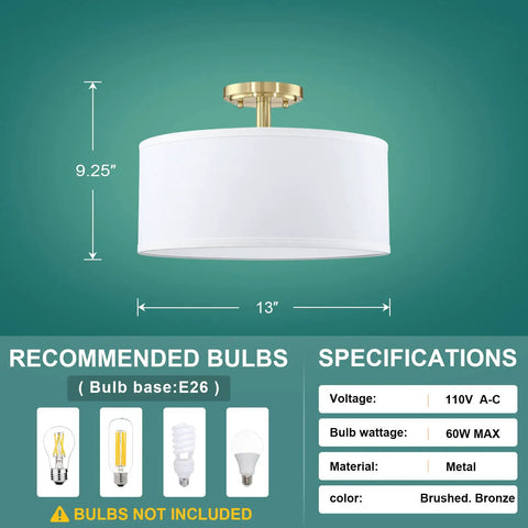 Fabric Drum Shade Semi Flush Mount Ceiling Light With PS Diffuser Off White Fabric Shade For Bar Dining Room Corridor Living Room Gold Finish 13 Inch Perfect For Modern Homes