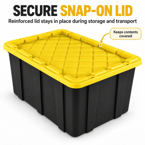 Heavy Duty 38 Gallon Storage Totes With Secure Snap On Lids 4 Pack Stackable Plastic Bins showing a reinforced yellow lid.
