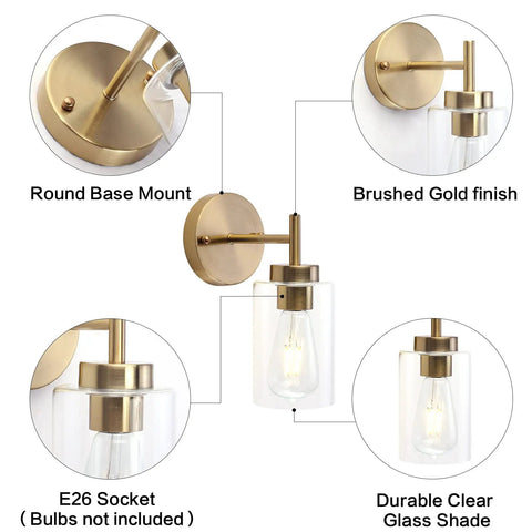 Gold Wall Sconce Set Of Two Rustic Brass Vanity Lights For Bathroom And Hallway Dope Industrial Farmhouse 1 Light Wall Lamps With Glass Shade Modern Home Decor Vibe For Living Room Bedroom Entryway