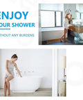 Woman enjoying a stress-free shower and bath, highlighting the benefits of a 24 Inch Brushed Nickel Linear Shower Drain With Tile Insert Grate.