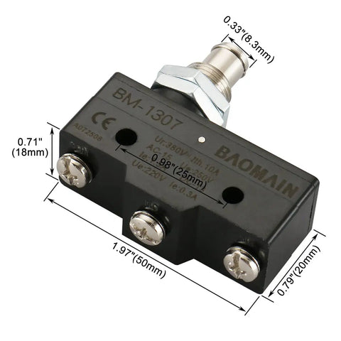Panel Mount Micro Switch With Plunger Actuator 1NO 1NC SPDT 10A 250VAC Built Tough Momentary Limit Switch With 3 Screw Terminals Industrial Grade Precision Position Sensing CE Certified, 50mm