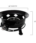 Smokeless 24 Inch Portable Propane Fire Pit Bowl With 58K BTU Self Igniter 10 Foot Hose shown with dimensions