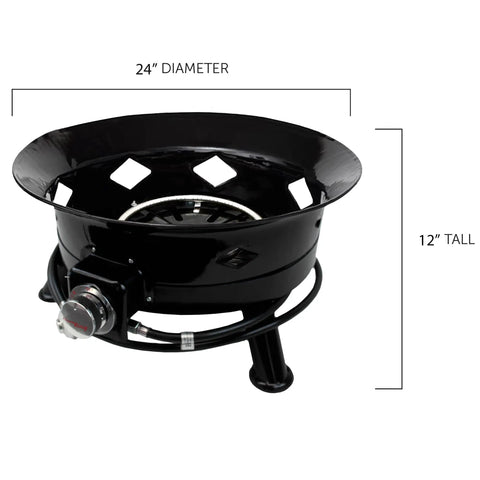 Smokeless 24 Inch Portable Propane Fire Pit Bowl With 58K BTU Self Igniter 10 Foot Hose shown with dimensions