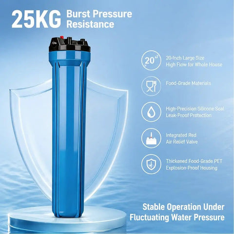 Rock Solid 3 Pack 20 Inch Water Filter Housing With High Flow Design And One Half Inch Ports For Commercial Kitchens Restaurants Whole Home Systems Built Tough For Daily Grind With No Fuss Setup And Consistently Crisp Pure Water Every Time, featuring a 20-inch food-grade PET water filter housing.