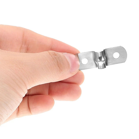 No Fuss Heavy Duty Stainless Steel Cable Clamps With Double Hole Design, U Shape Pipe Strap held in hand for MEP setup.