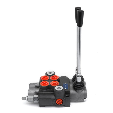 Front view of a black two-spool hydraulic directional control valve with red port plugs and tall silver lever.