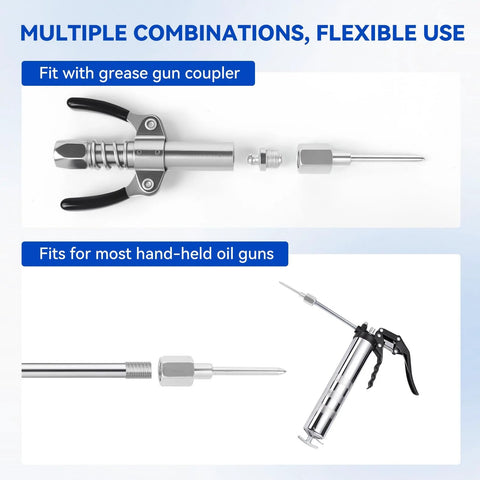 Front view of AILEDWER grease gun tips kit with 90-degree coupler, needle nozzle, and fittings.