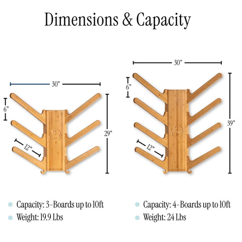 The Sun Rack Premium Bamboo Wall Mount For Surfboards Snowboards Skis And Wakeboards Holds Four Boards With Built In Drawer And Hooks For Garage And Home Storage Dope Space Saving Display And Organization showing dimensions and capacity for three and four boards