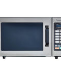 Front view of NE 1054F Grab And Go Ready Compact Light Duty Countertop Commercial Microwave Oven With 10 Programmable Memory Touch Screen