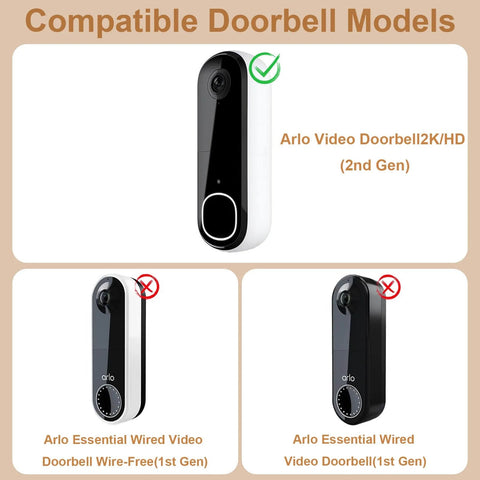 Chart showing compatible Arlo Video Doorbell 2K/HD (2nd Gen) and incompatible first-gen models for Anti Theft Doorbell Mount For Video Doorbell 2K And HD 2nd Gen No Drill Easy Install Indoor Outdoor Mount With Hidden Anti Theft Screws Ideal For Apartments Homes And Offices Not For Security Doors.