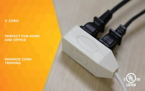 SlimLine 3 Ft Indoor Extension Cord With Right Angled Plug, 16/3 3 Polarized Outlets, PVC Jacket, white cord on light surface